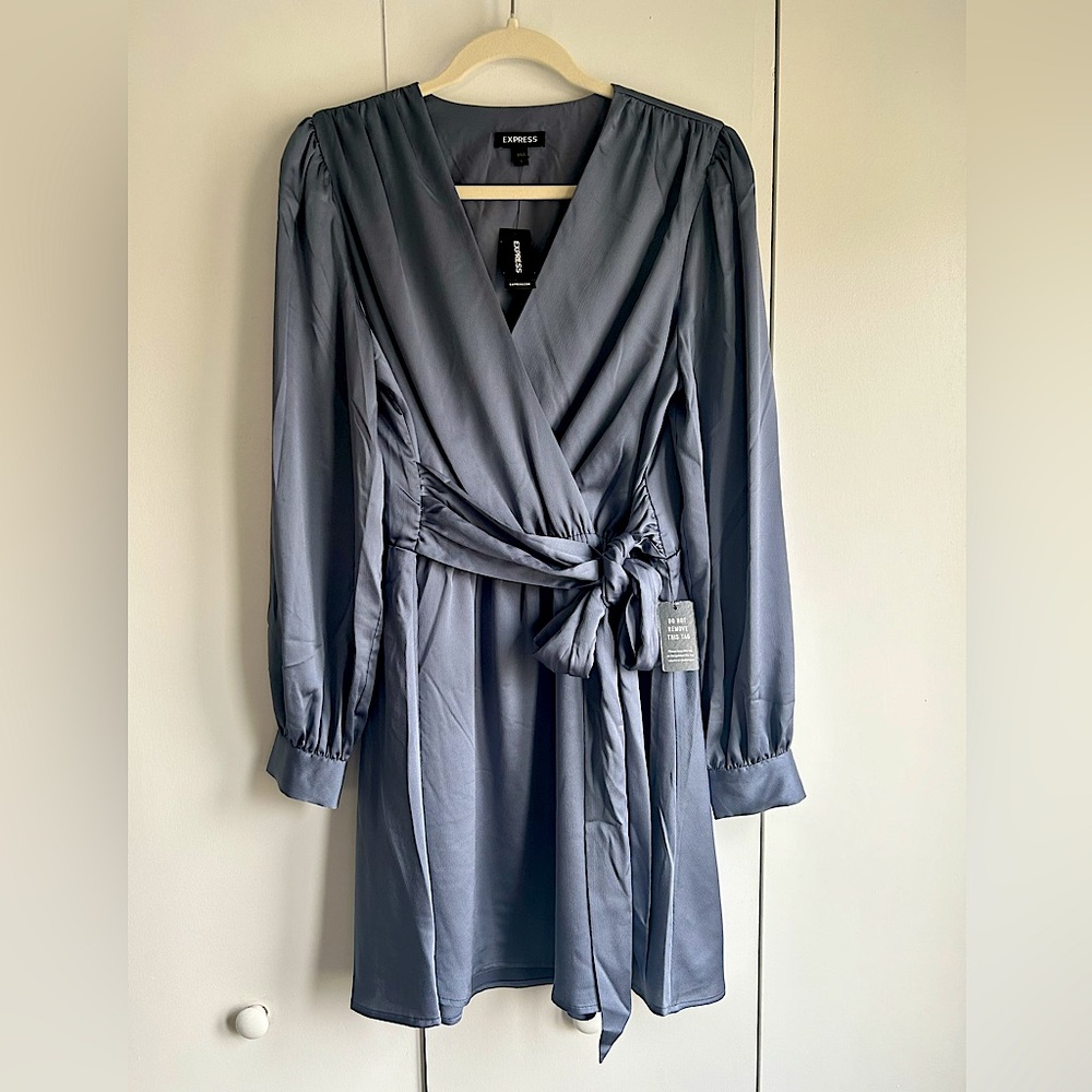 NWT Express surplice slate blue/grey satin dress